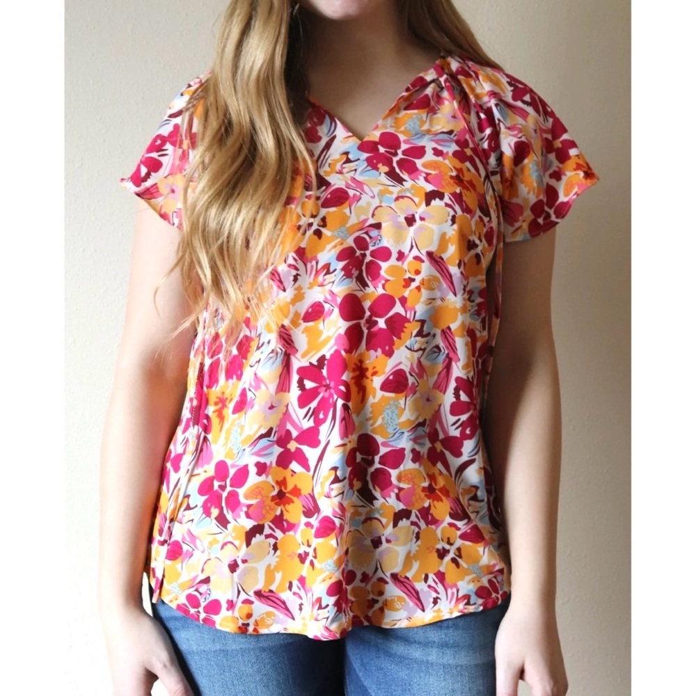 Jules & James pink and orange Women's Floral Double V Ruffle Sleeve Tunic Top